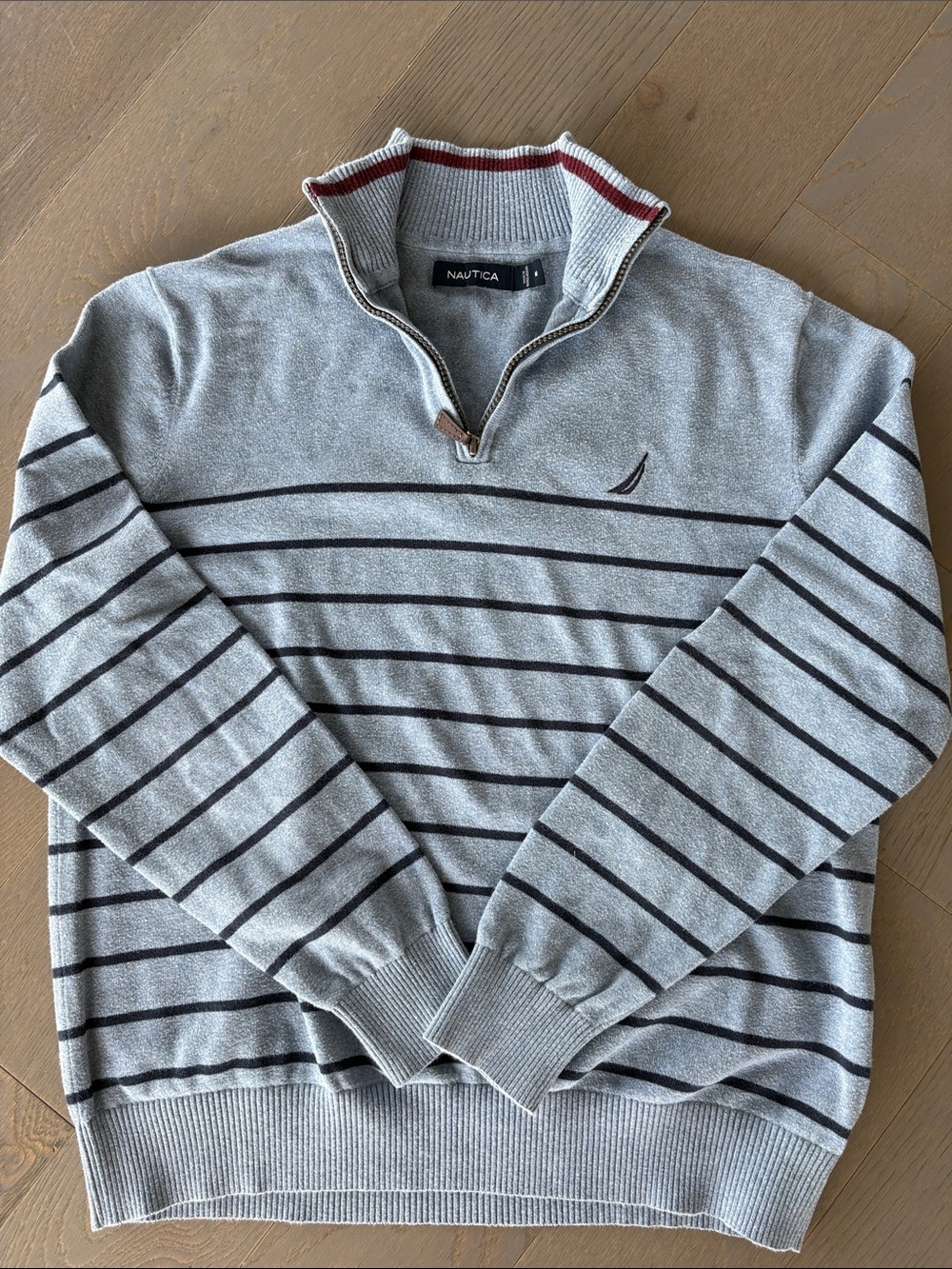 Nautica Medium - Blue Quarter-Zip Sweater with Navy Stripes 100% Cotton